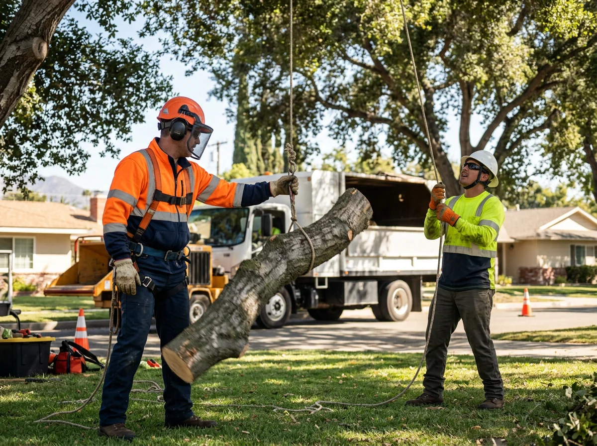 Crew removing dense brush from an overgrown lot