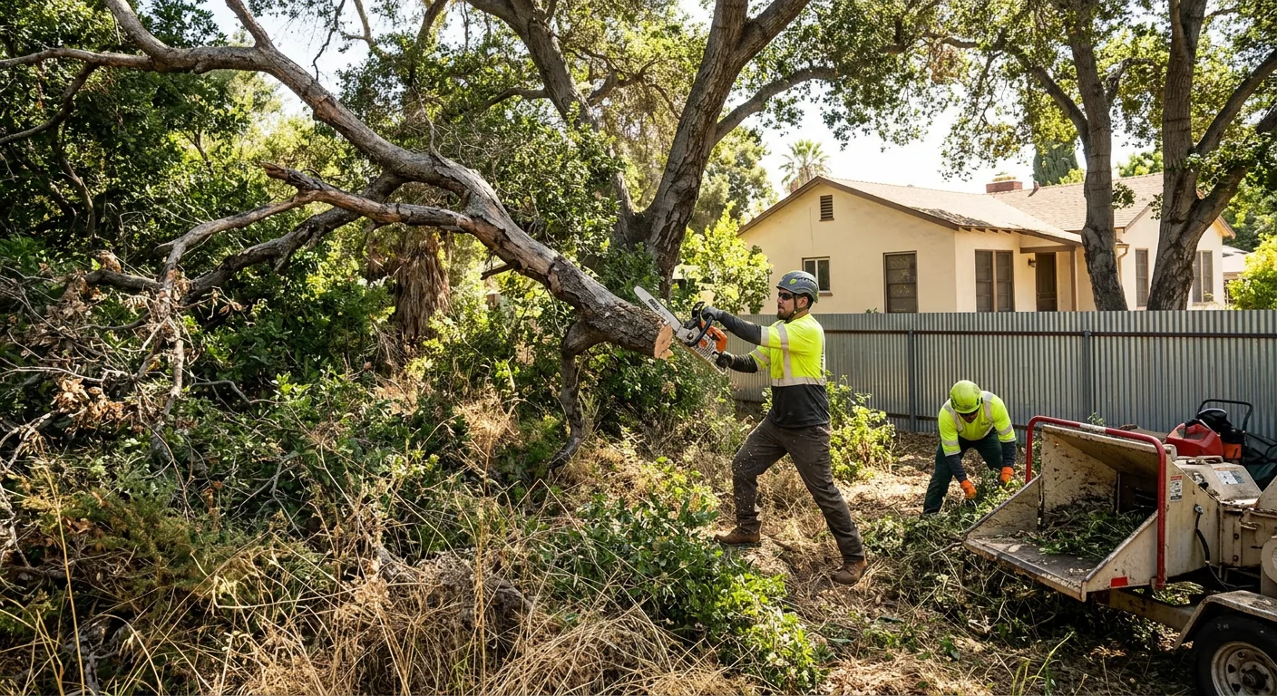 Overgrown backyard before brush clearing on a residential Santa Paula property