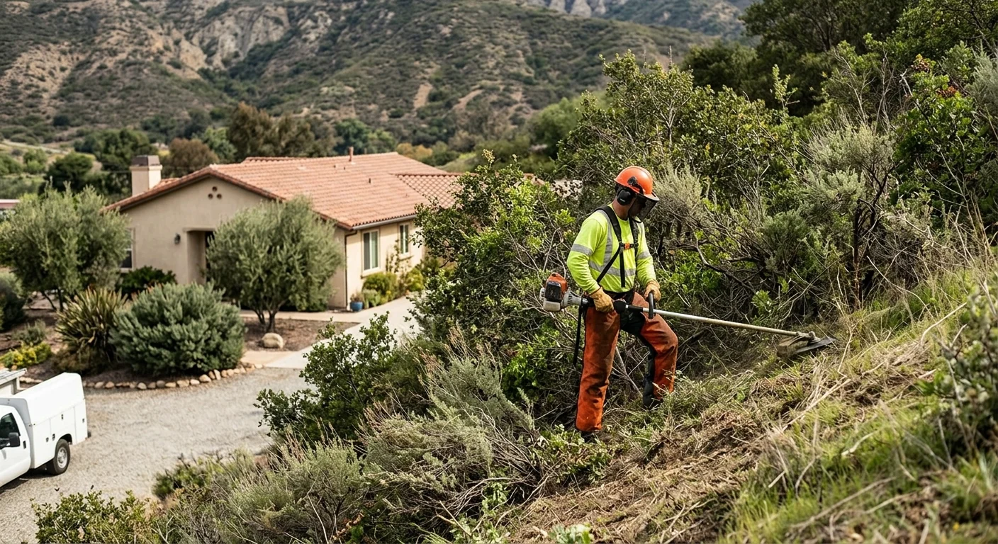 Technician cutting dense undergrowth along a hillside slope near a home