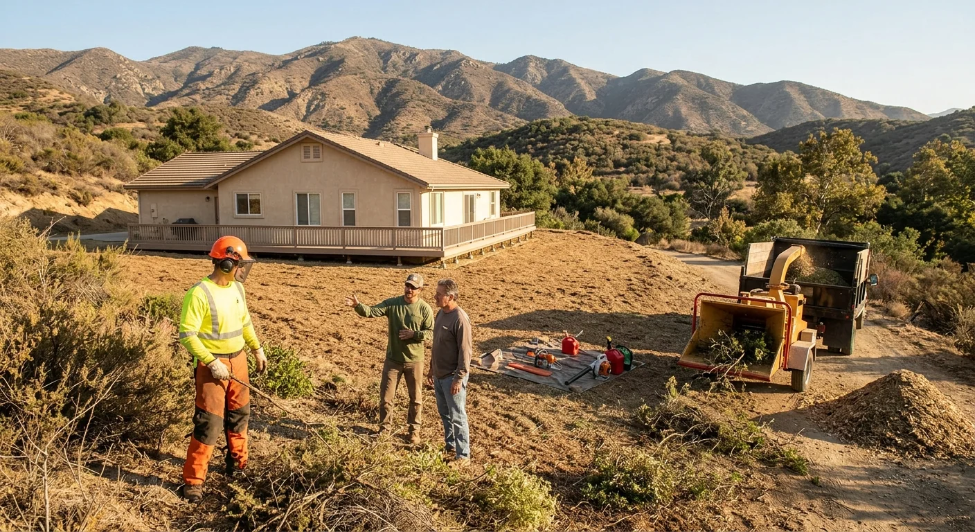 Wide view of cleared defensible space around a house in Santa Paula