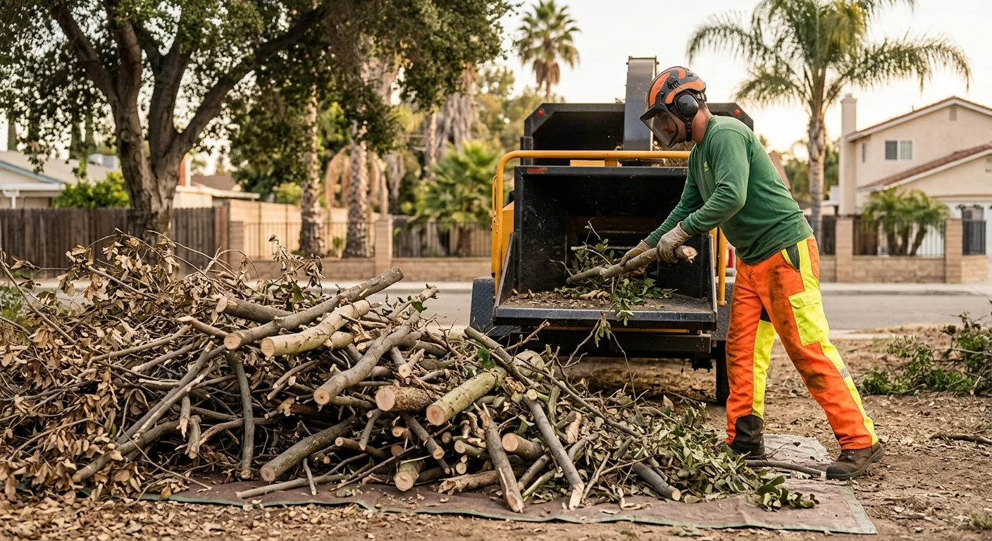 Close-up of cut brush staged for chipping and disposal on site