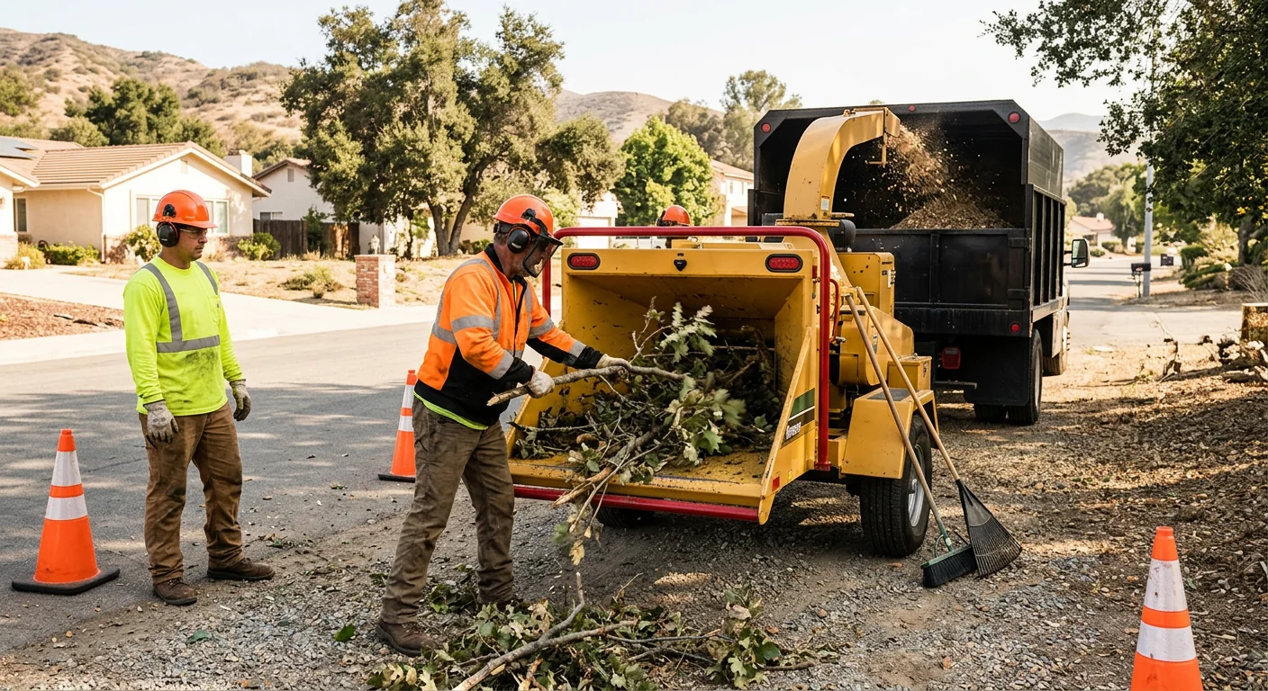 Wood chipper processing removed vegetation during a clearing job