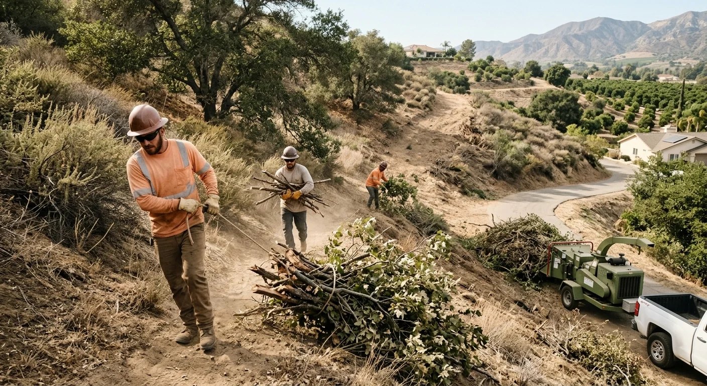Crew hauling brush debris from a hillside property during cleanup