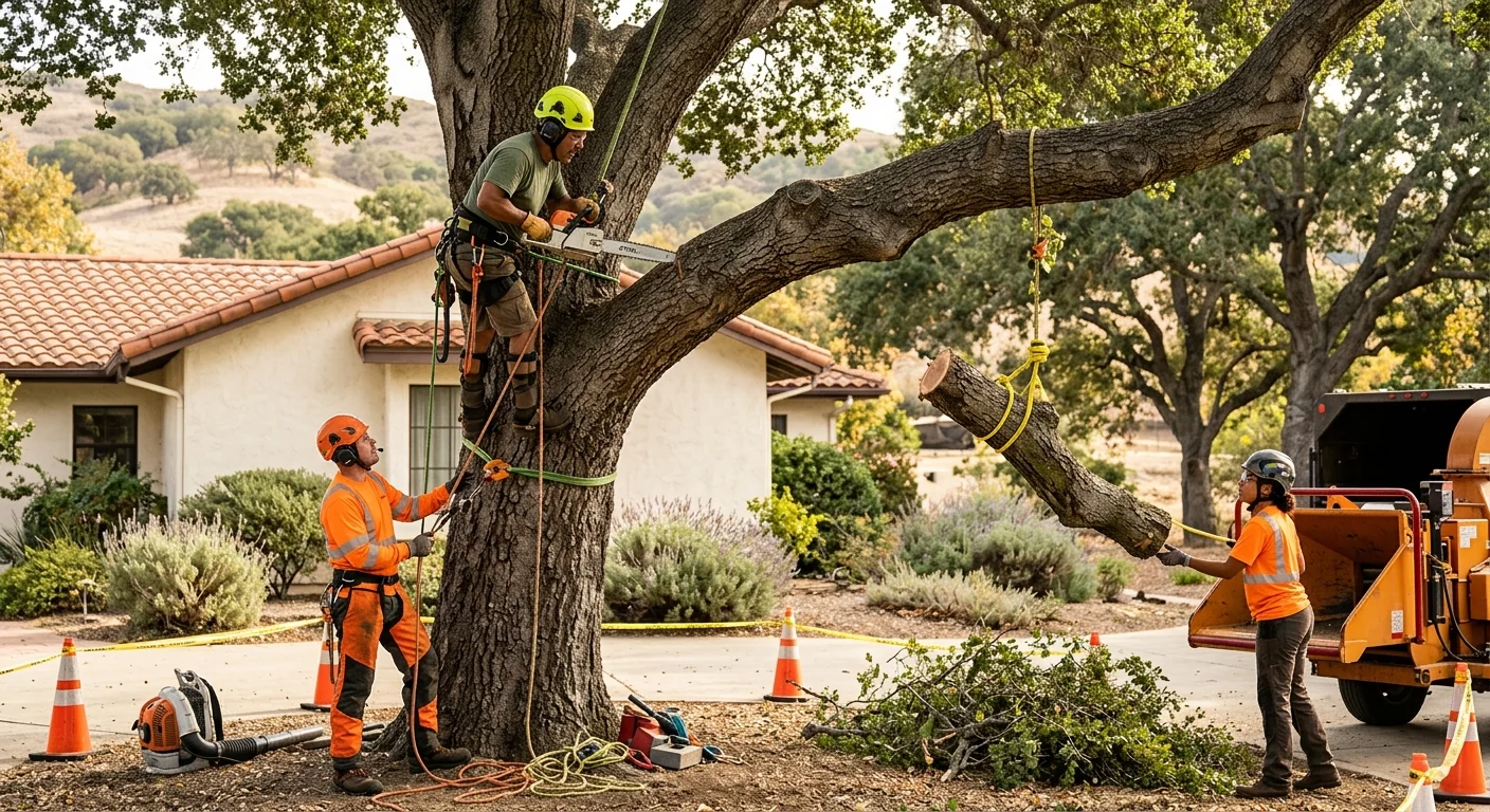 Trained technician inspecting cleared brush and defensible space on a Santa Paula residential lot