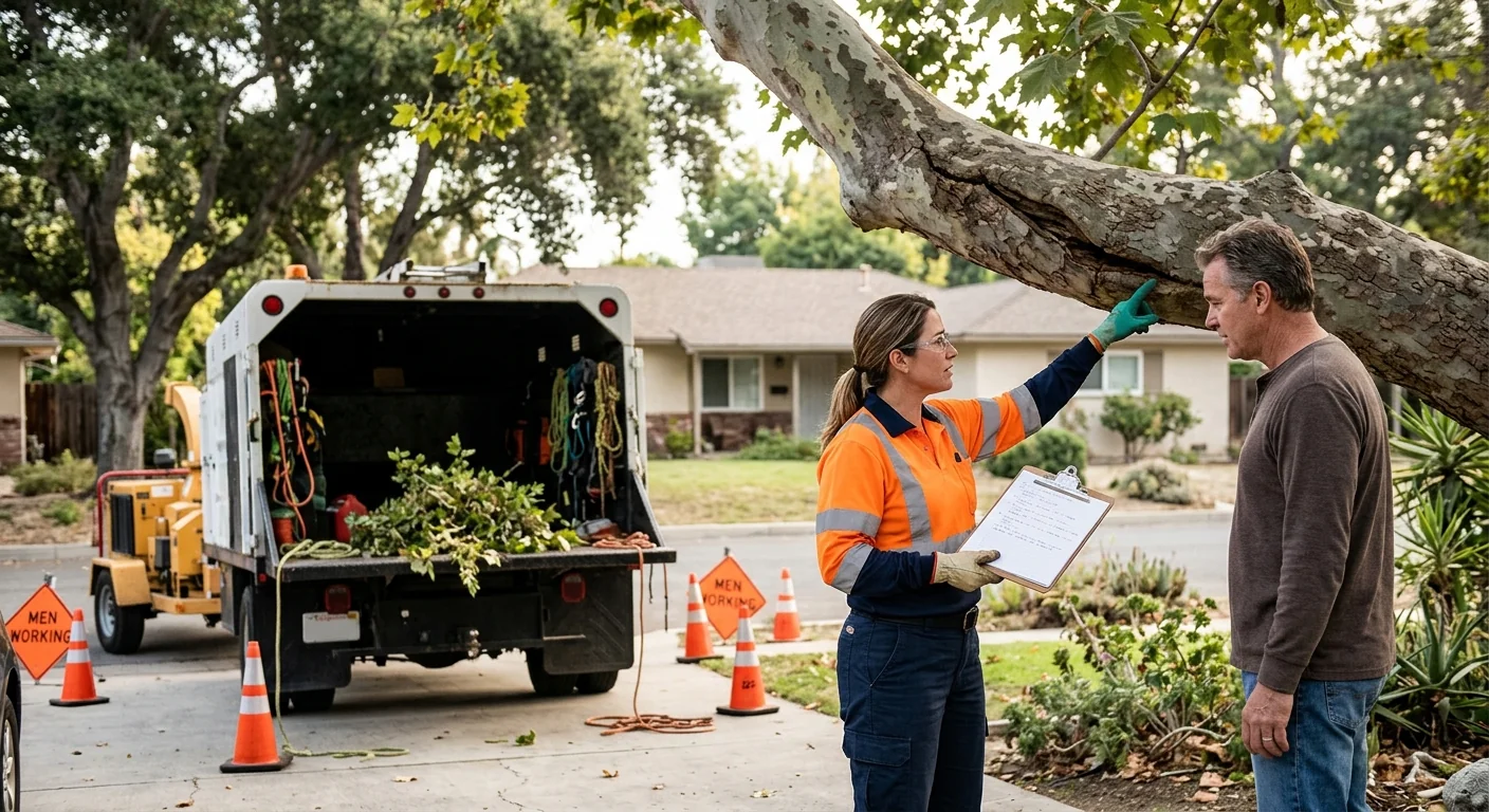 Crane positioned beside a large tree during removal at a Santa Paula residential property