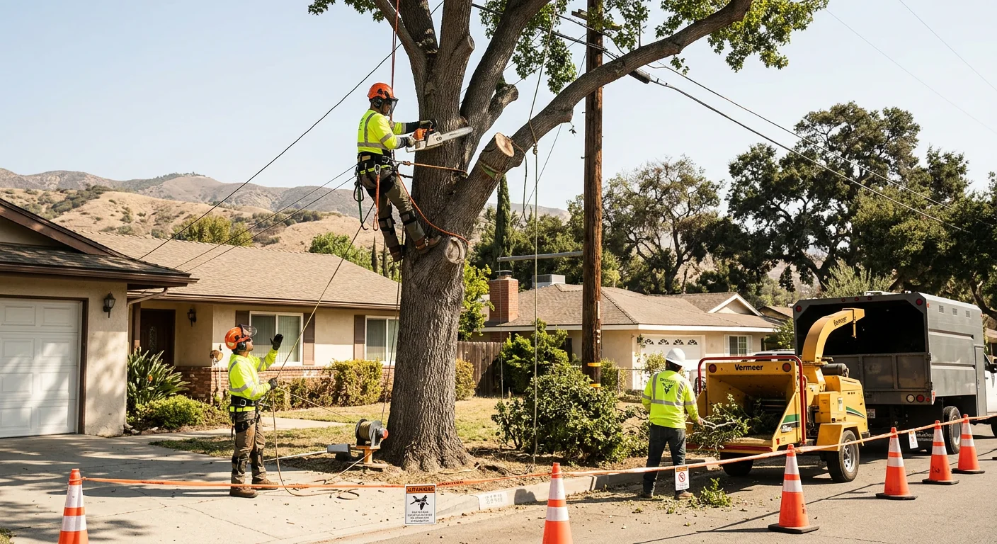 Crane lifting a large removed tree section above a residential property in Santa Paula