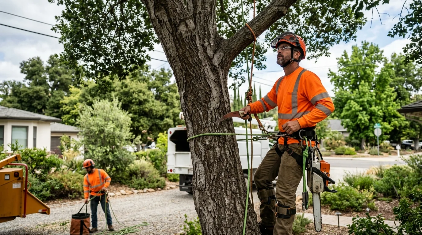 Technician rigging tree limbs for controlled crane removal