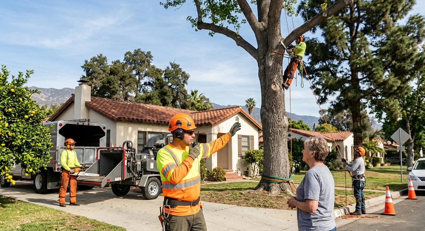 Mobile crane lifting a large tree section over a Santa Paula home
