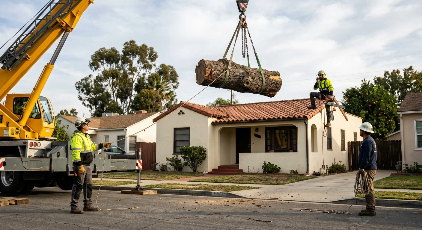 Crane lifting a heavy oak section away from a residential rooftop in Santa Paula