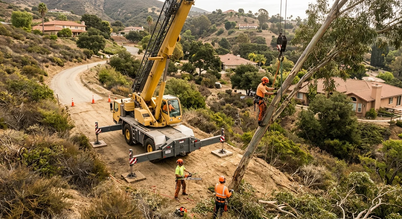 Wide shot of a crane staged on a hillside lot for tree removal