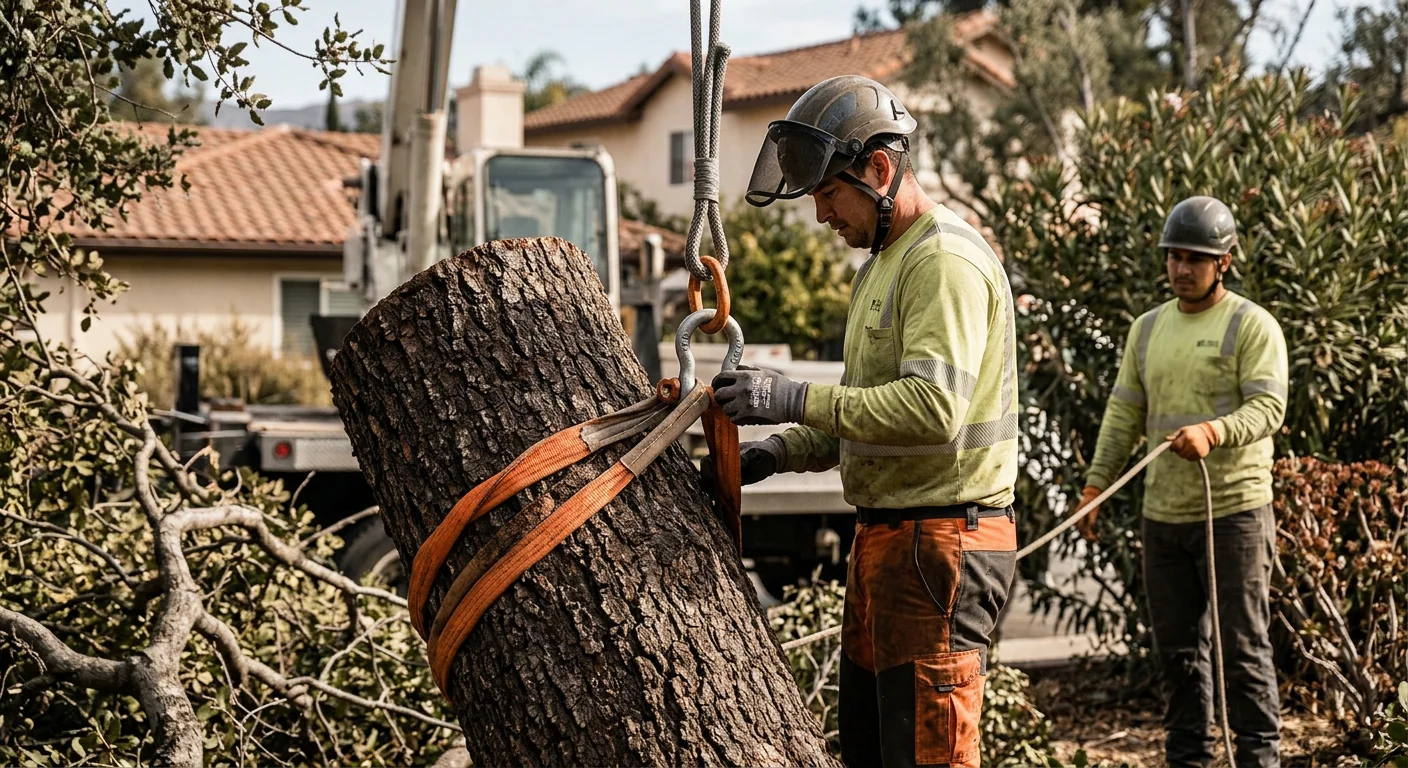 Close-up of rigging straps secured around a large trunk section before lifting