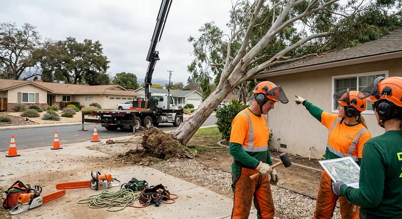 Storm-damaged eucalyptus leaning toward a home before crane removal begins