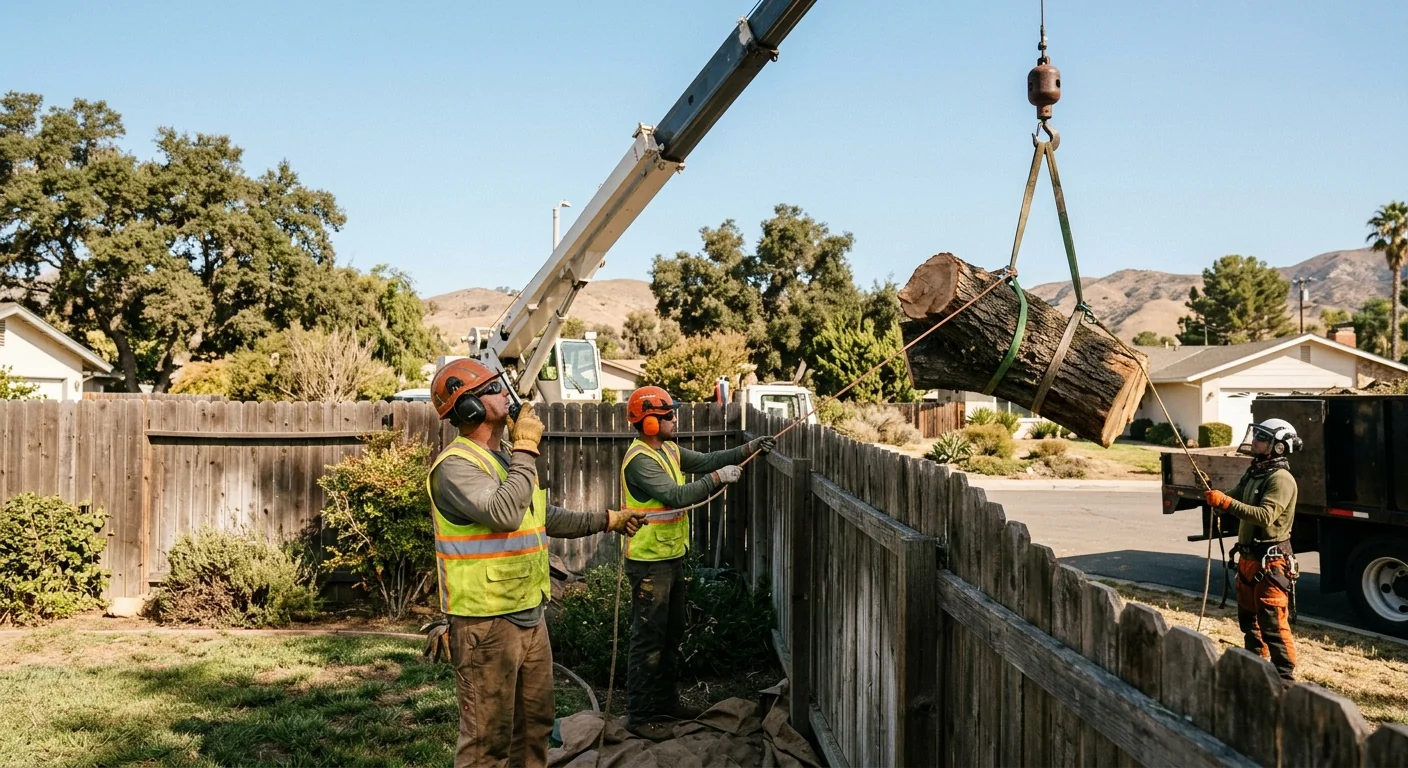Technicians coordinating a controlled crane lift over a backyard fence line