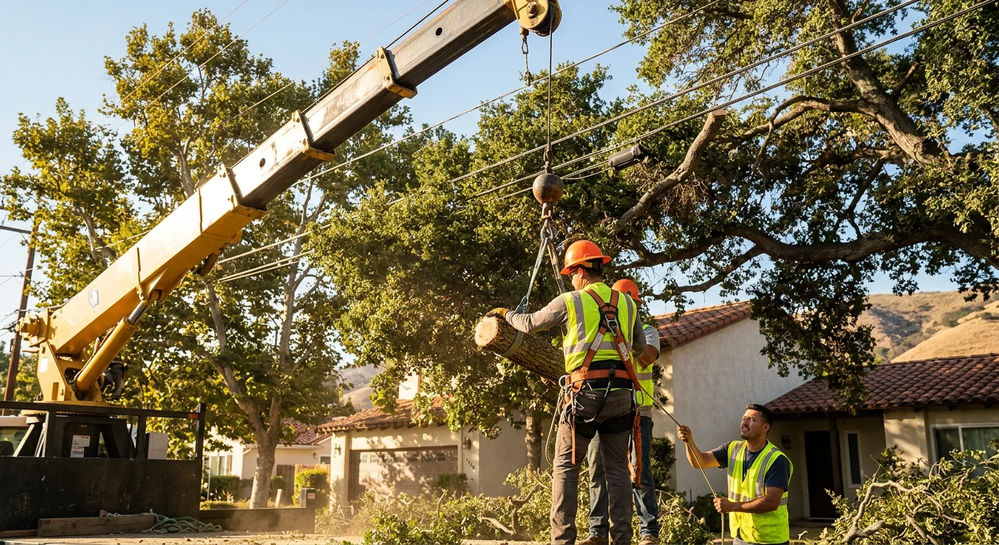 Crane boom extended over mature trees near overhead power lines