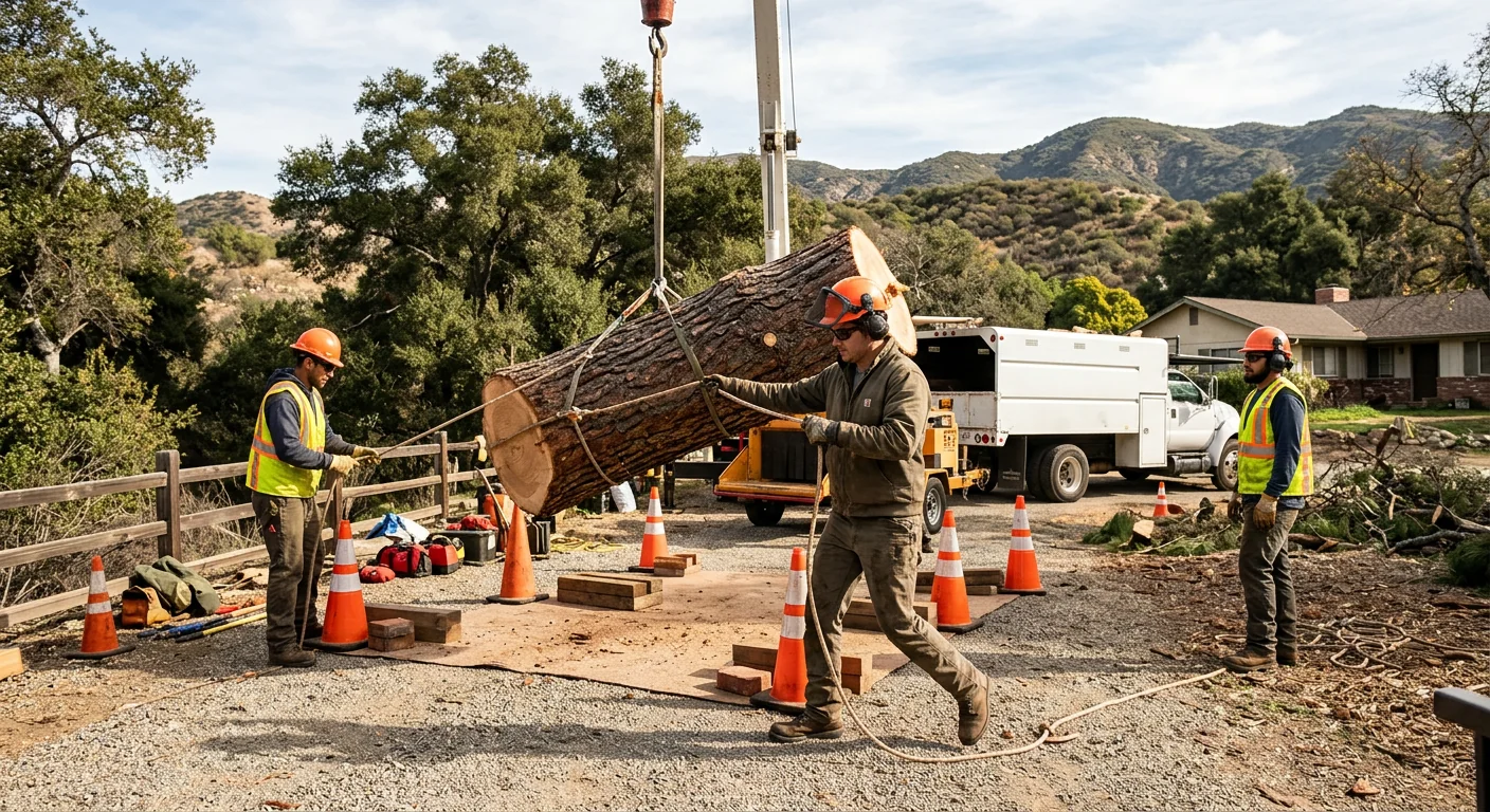Ground crew guiding a lowered tree section onto a staging area