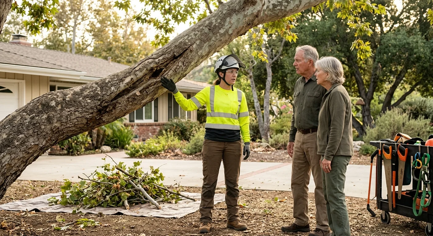 Trained crew guiding a crane-supported tree section down onto a residential Santa Paula lot