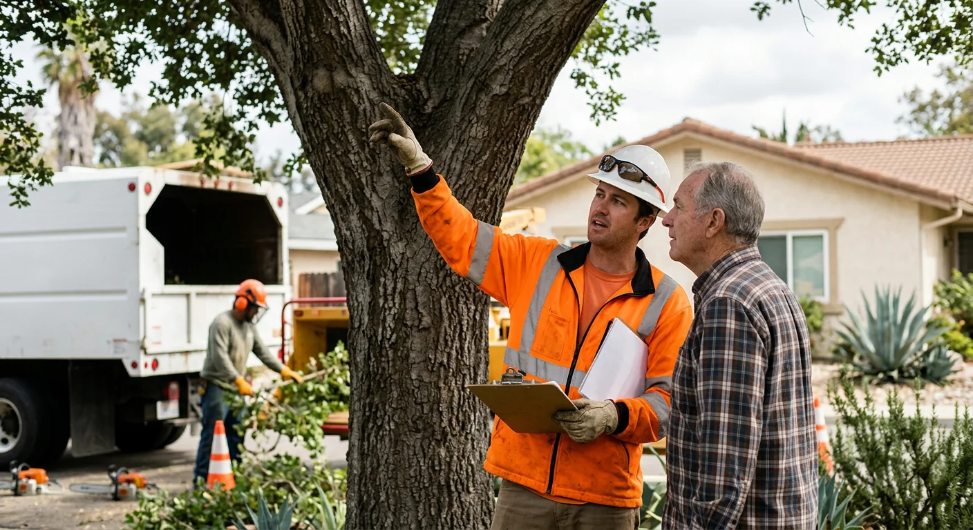 Arborist assessing a storm-damaged tree leaning against a Santa Paula home for emergency removal