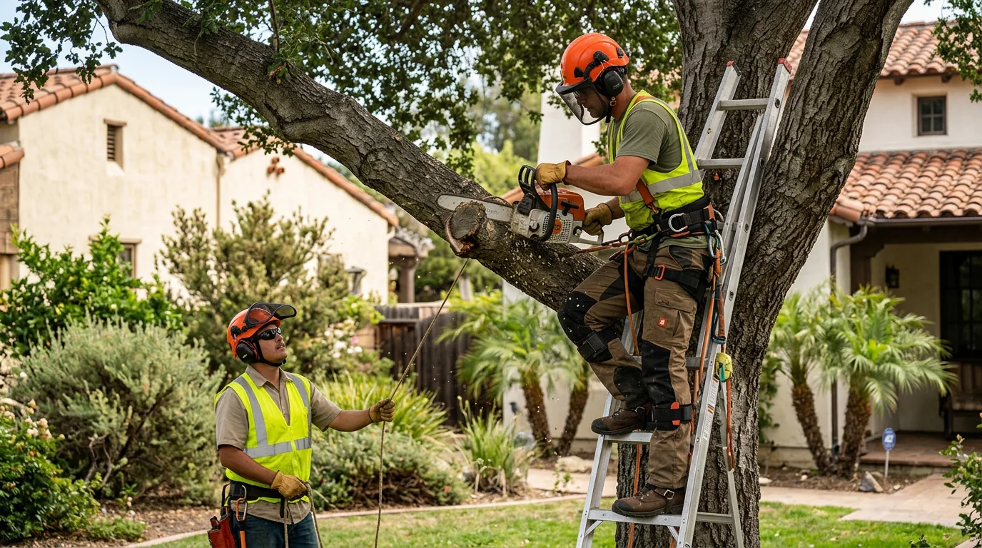 Crew clearing fallen branches from a residential yard safely