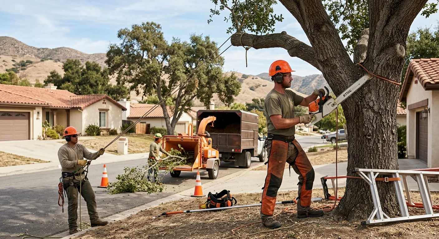 Certified crew safely removing a storm-damaged tree near a Santa Paula home