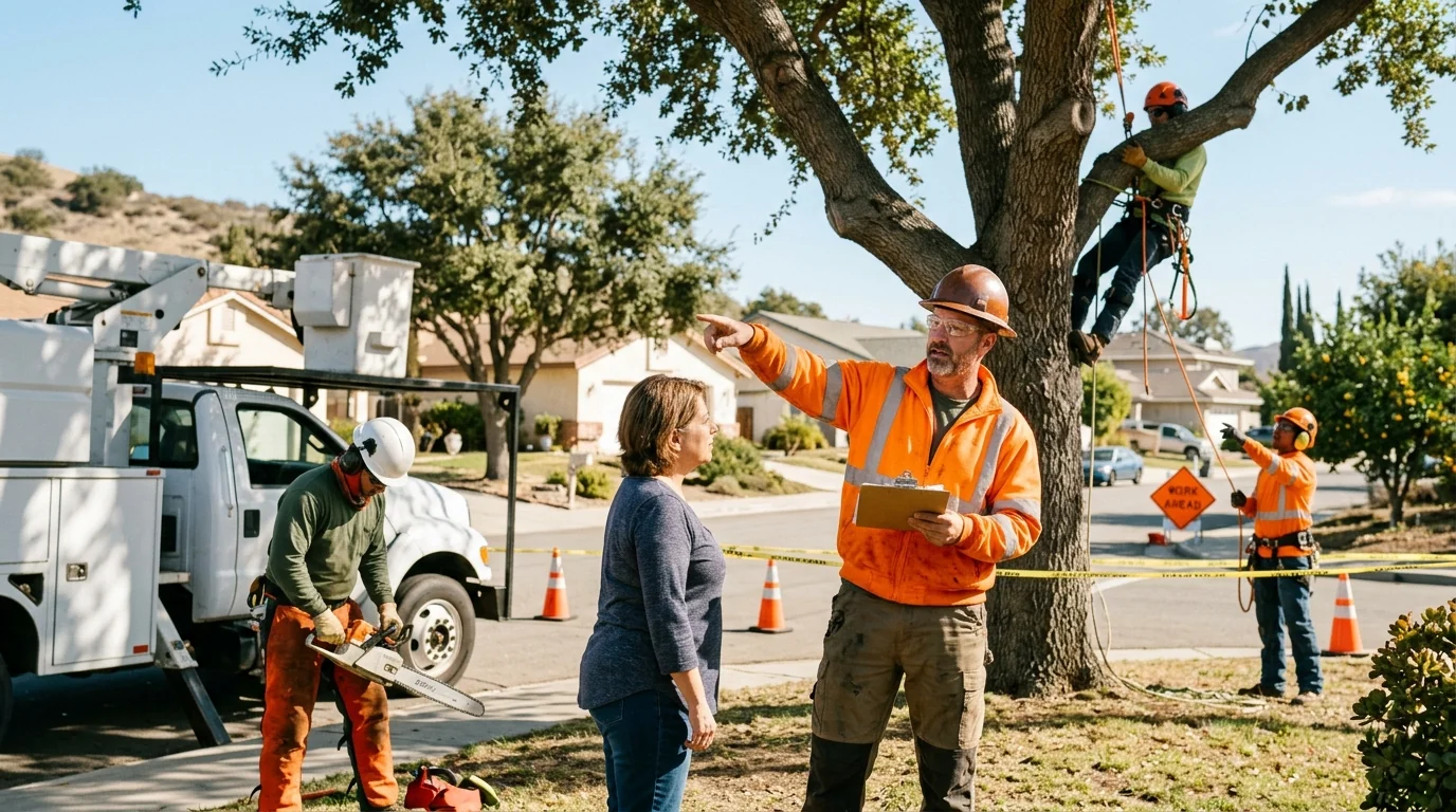 Technician assessing a leaning tree after high winds