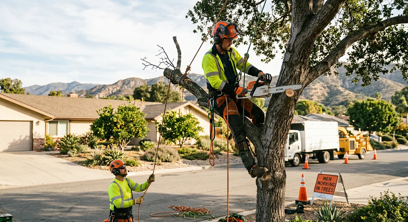 Arborist rigging a storm-damaged tree limb over a Santa Paula home