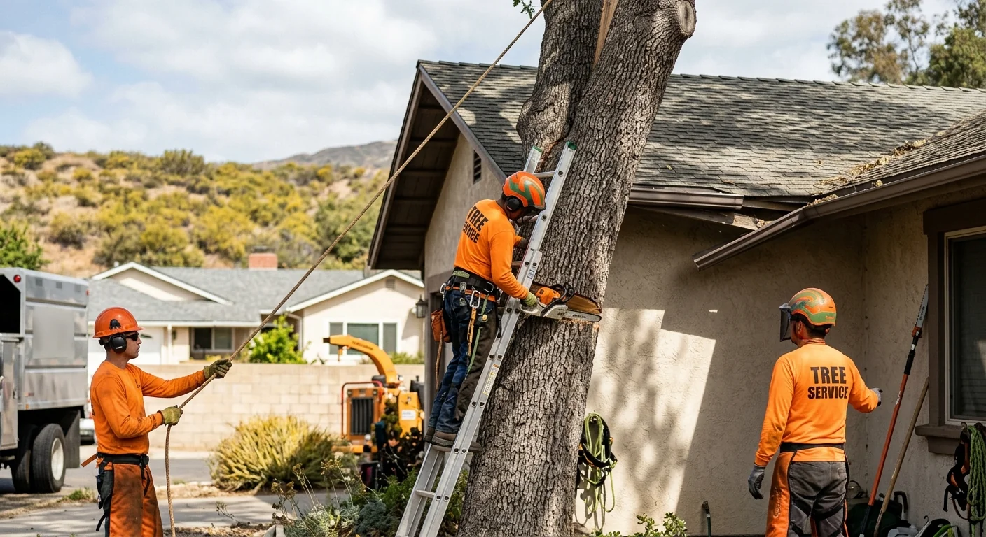 Split oak trunk leaning over a Santa Paula rooftop before controlled emergency removal