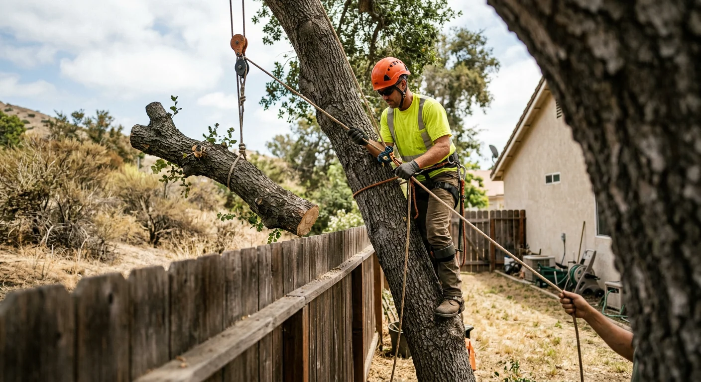 Technician using rope rigging to lower a heavy limb near a residential fence