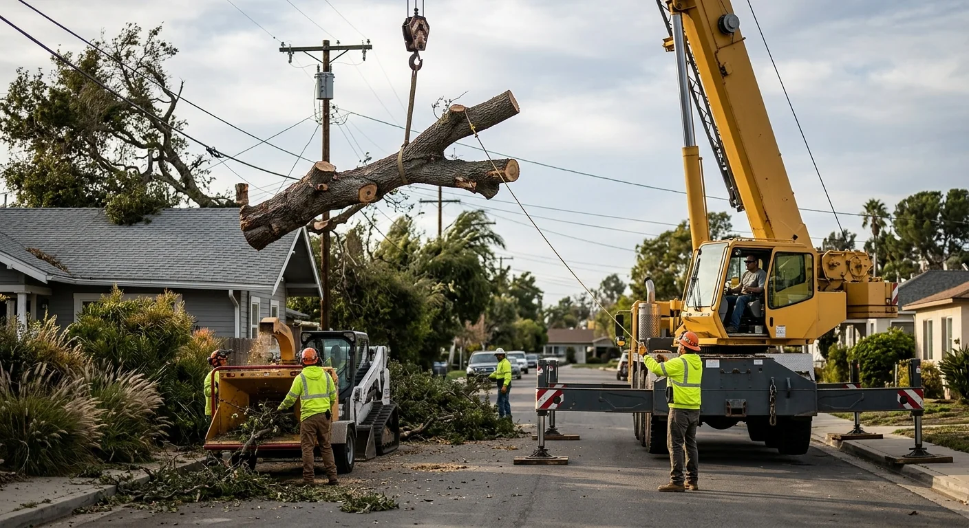 Crane lifting a large tree section clear of a home during storm cleanup