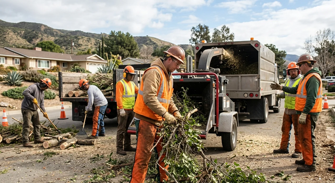 Crew chipping branches and clearing debris from an emergency work zone