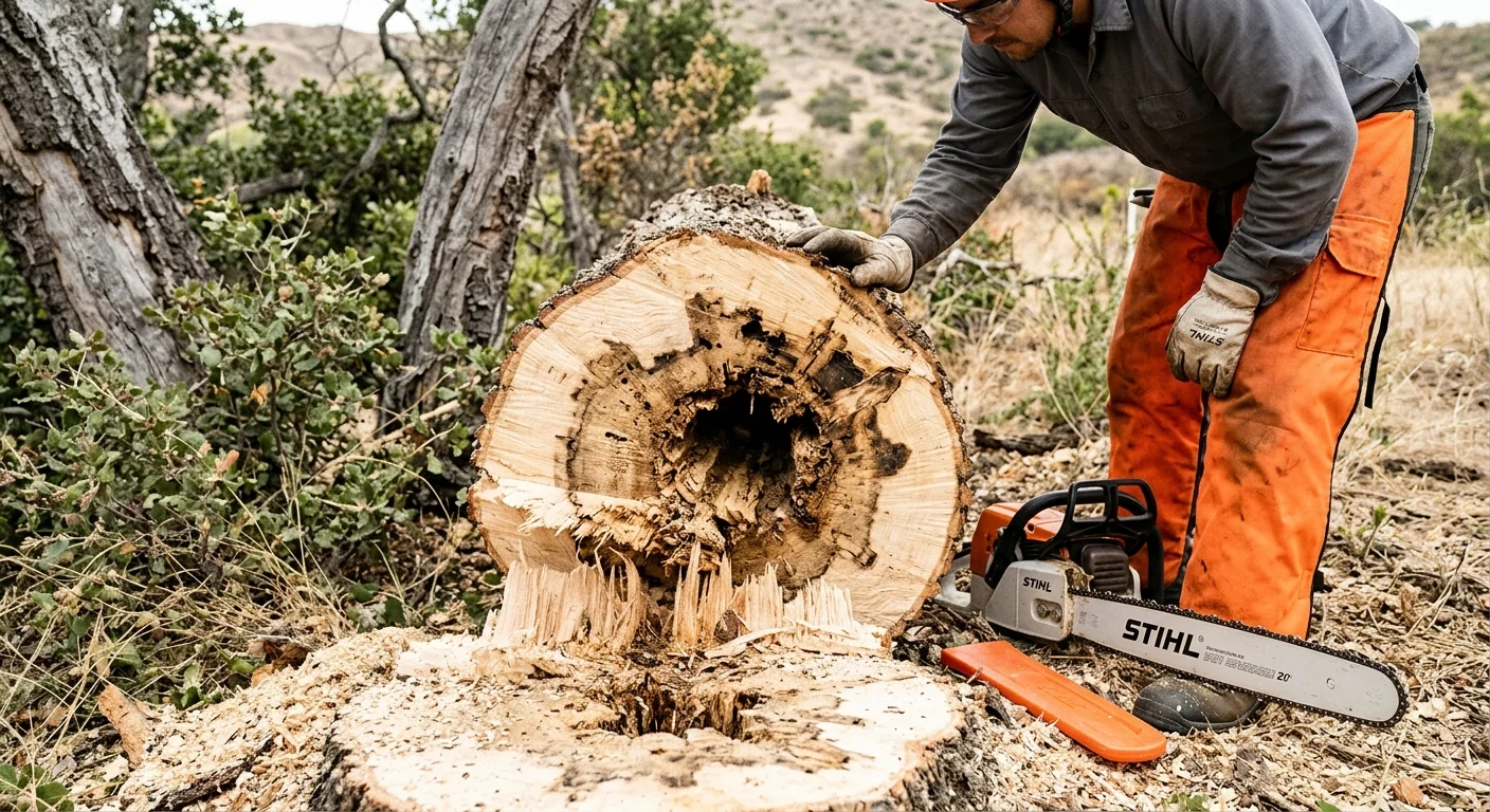 Close-up of a sectional cut on a compromised trunk during controlled felling