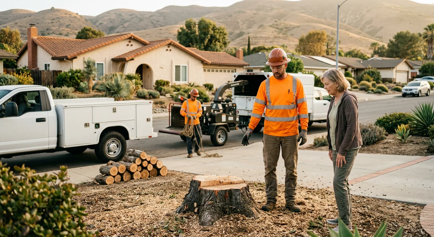 Finished emergency site walkthrough showing a safe property after tree removal
