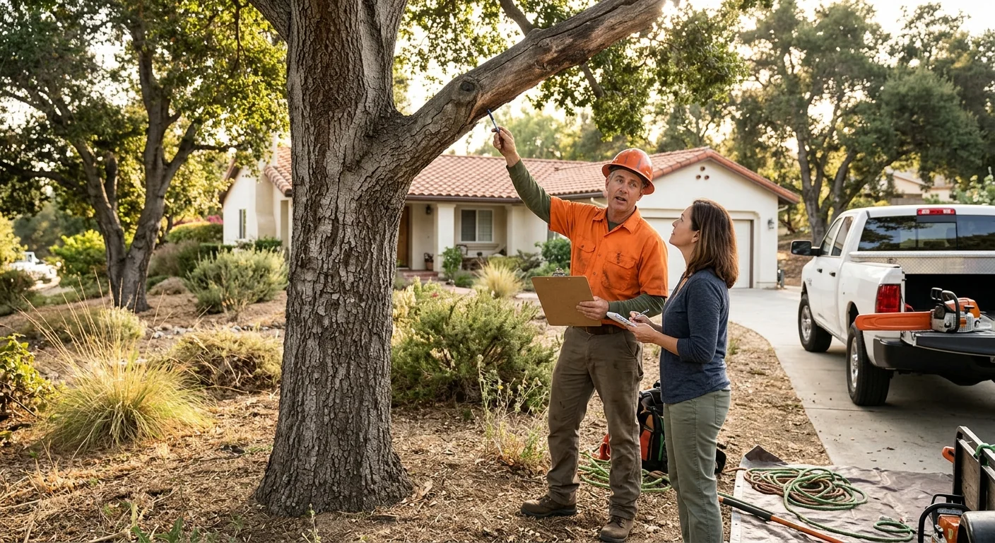 Arborist inspecting a leaning hazardous tree near a home in Santa Paula