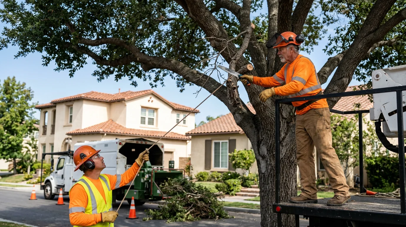 Crew safely lowering a limb during hazardous tree removal