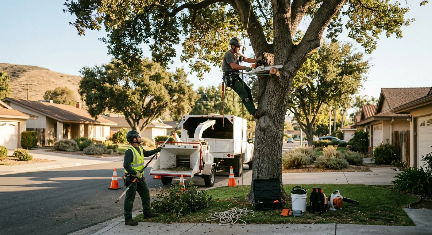 Arborist evaluating a leaning hazardous tree near a Santa Paula home