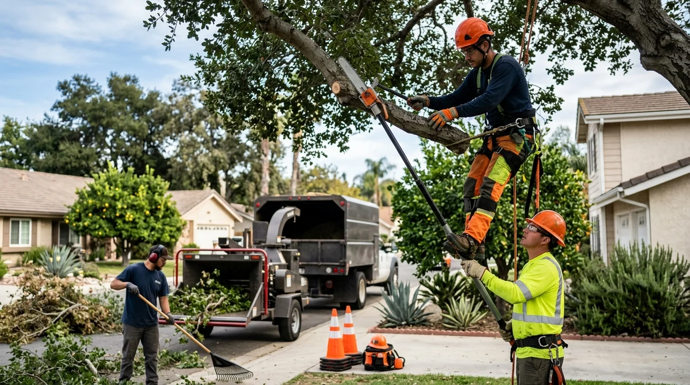 Technician inspecting a cracked trunk for removal planning