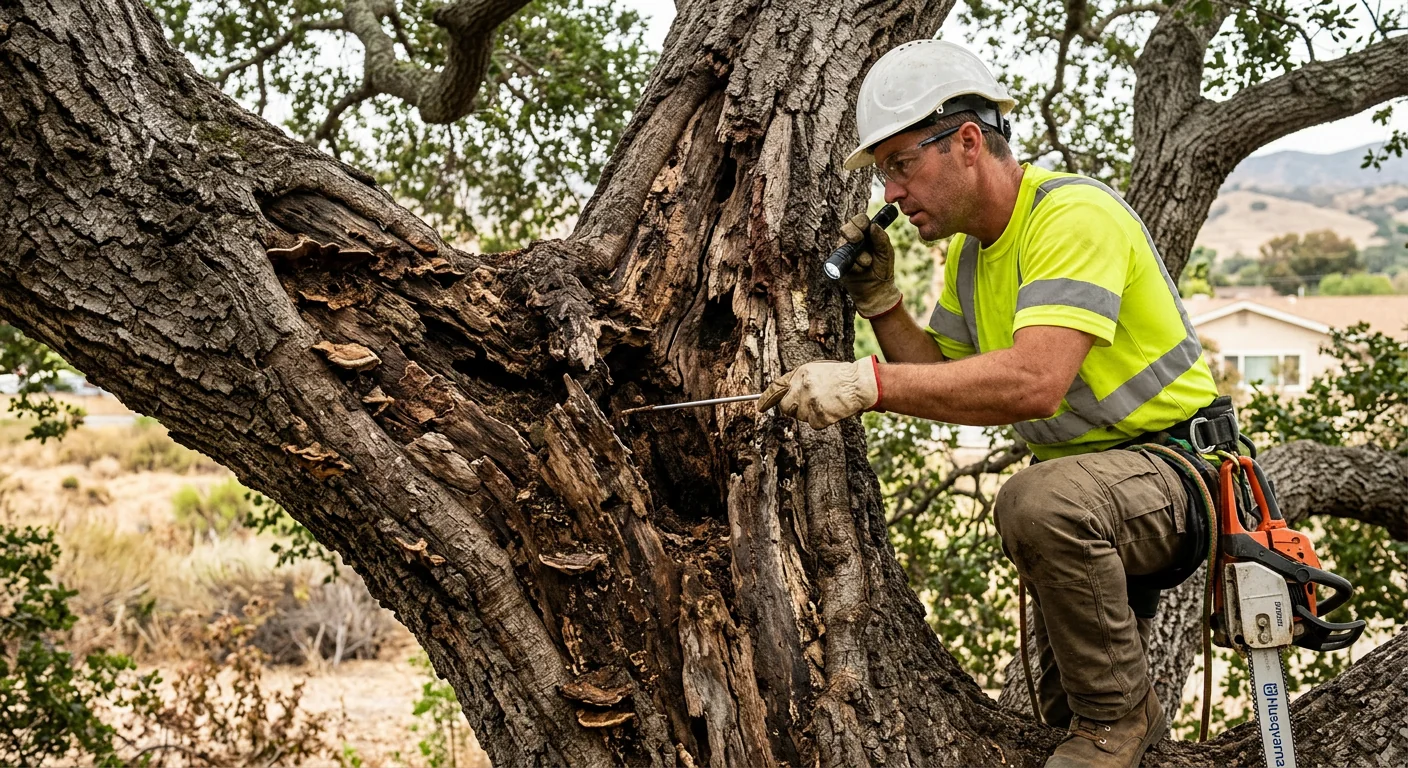 Close-up of decayed trunk union on a hazardous oak in Santa Paula