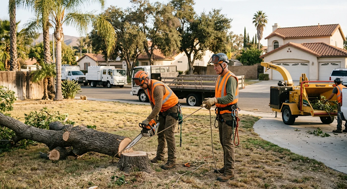 Wide shot of a leaning tree removed from a residential backyard