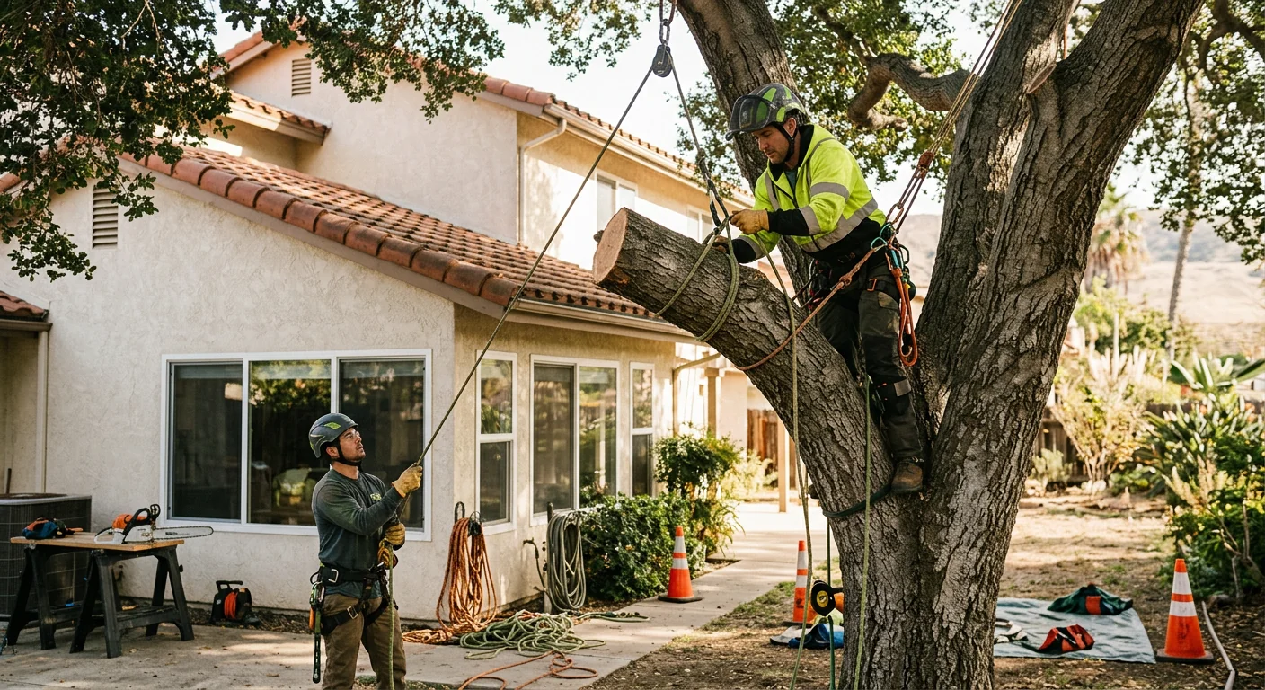 Arborist rigging a large limb for controlled lowering near a rooftop