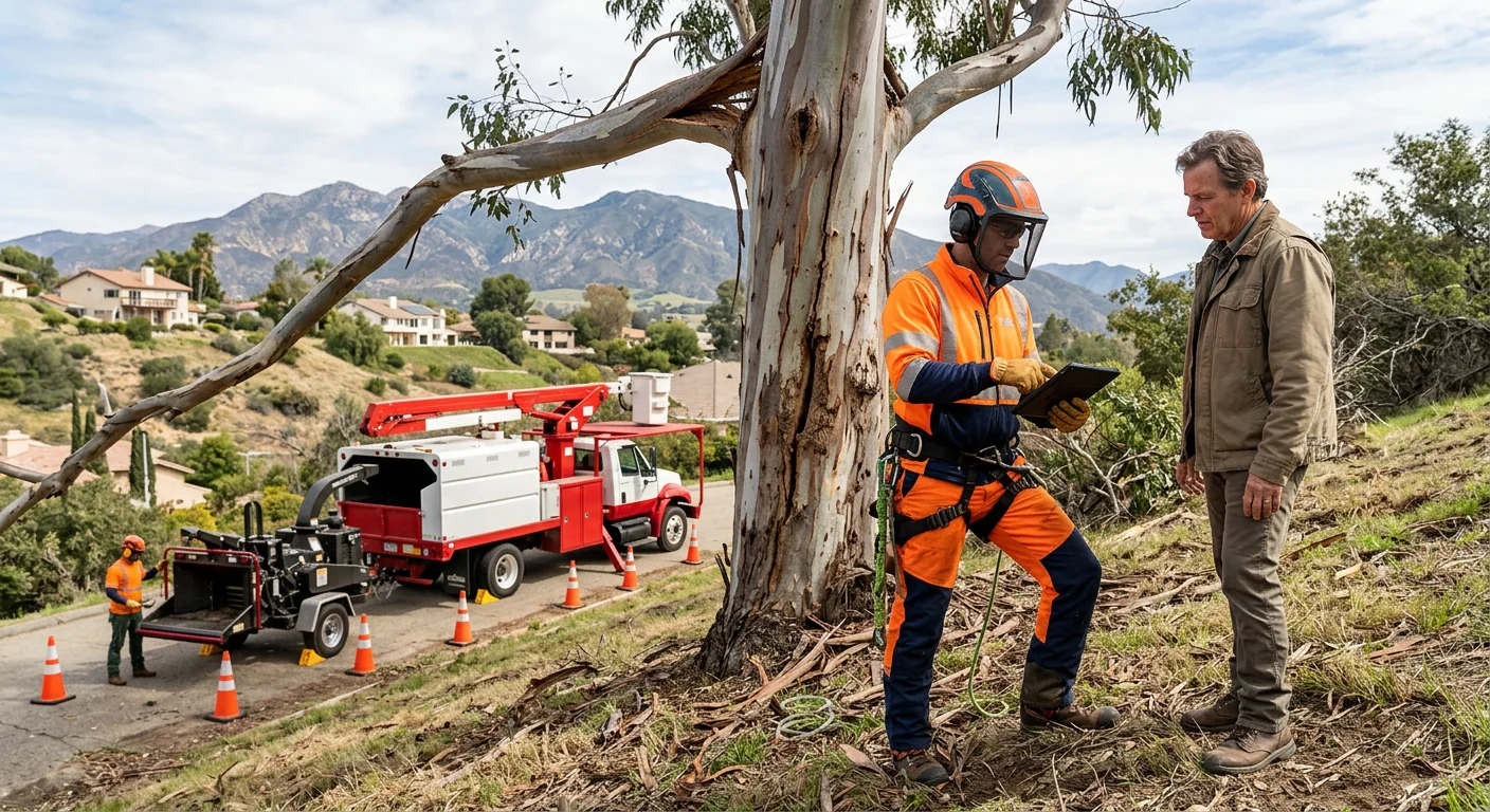 Storm-damaged eucalyptus before removal on a Santa Paula hillside lot