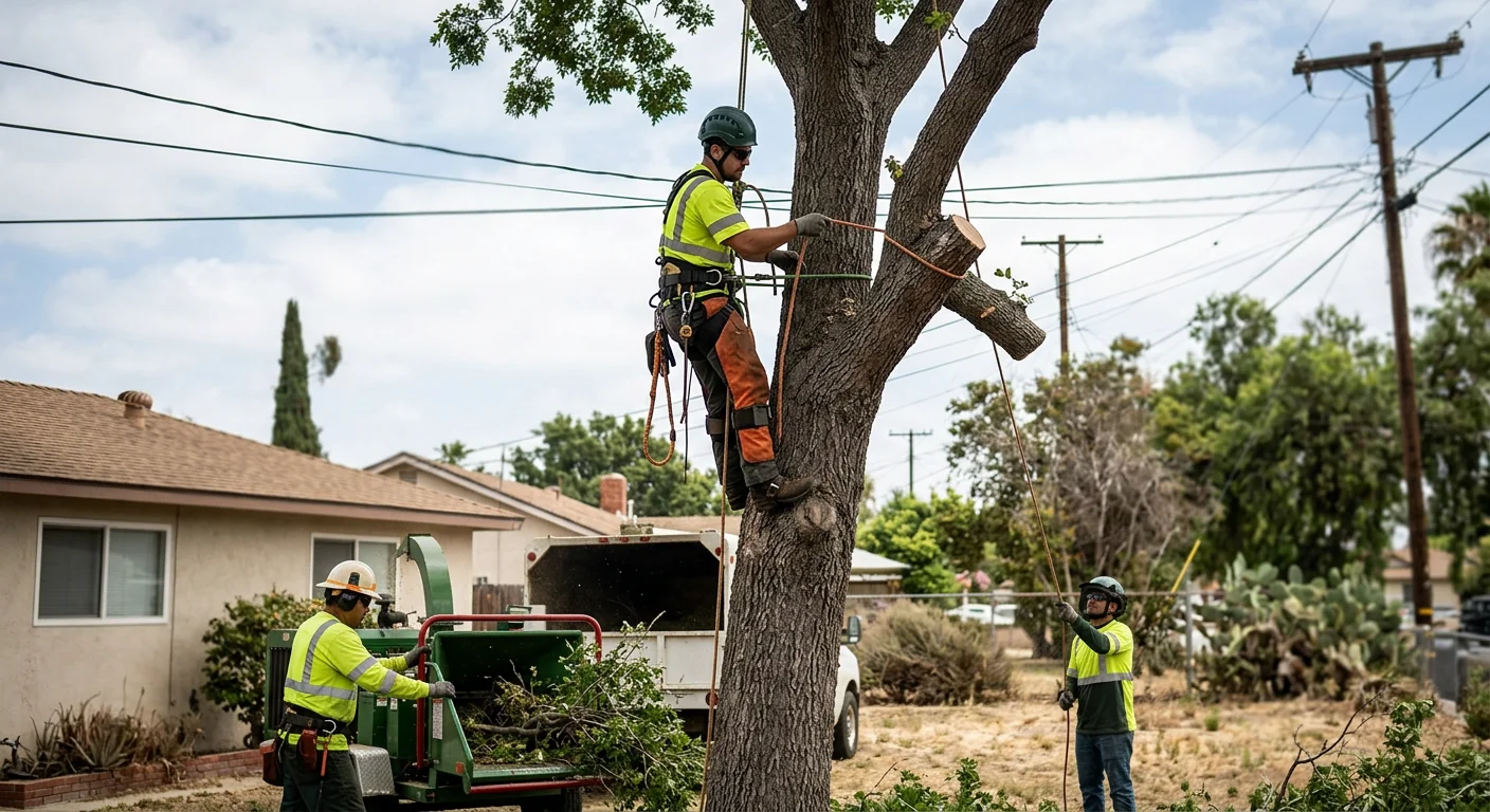 Crew sectional dismantling a tall tree beside overhead power lines