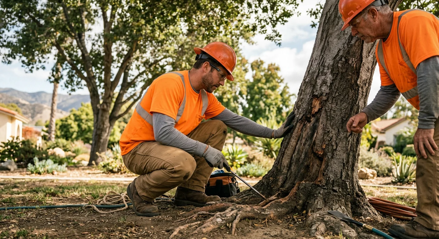 Technician inspecting exposed root stability at the base of a failing tree