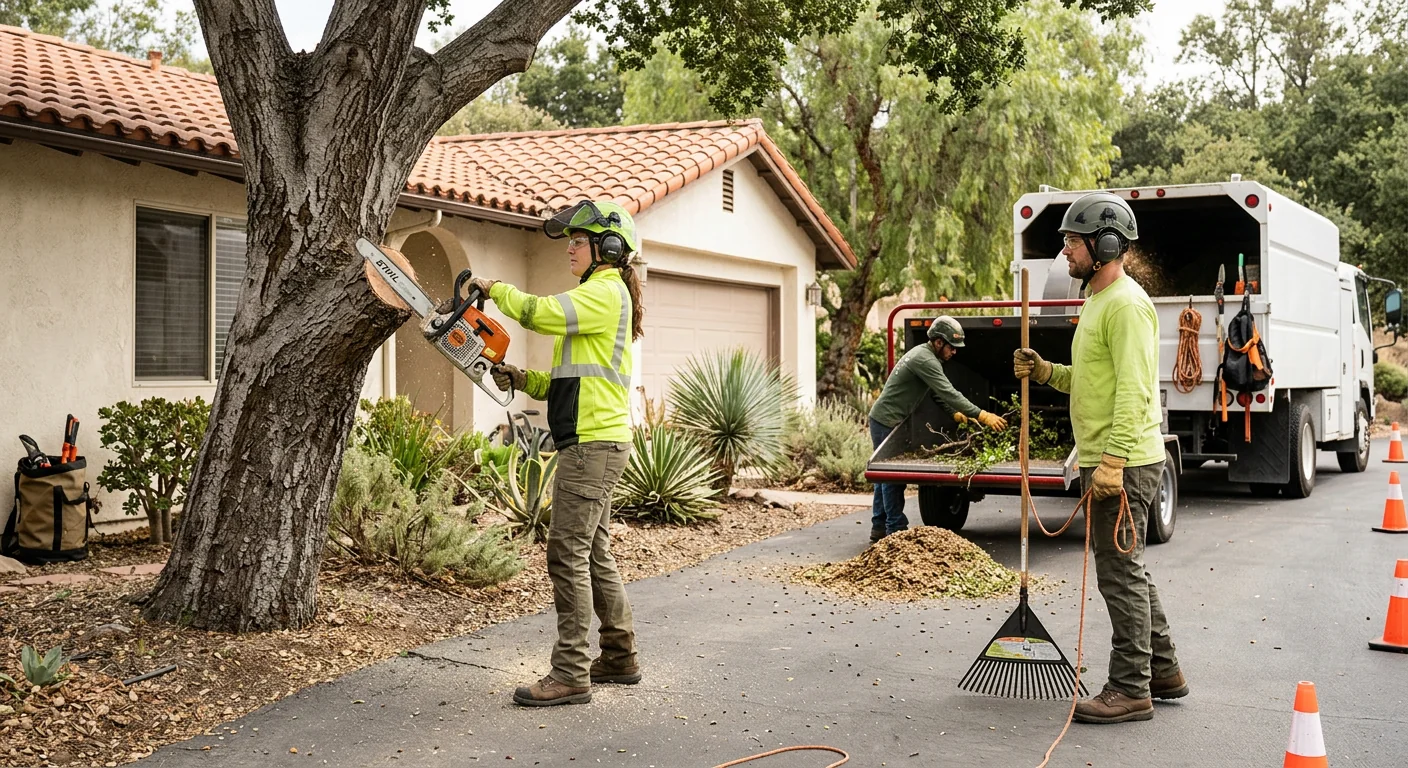 Technicians using rigging lines to lower sections of a hazardous tree in a Santa Paula backyard