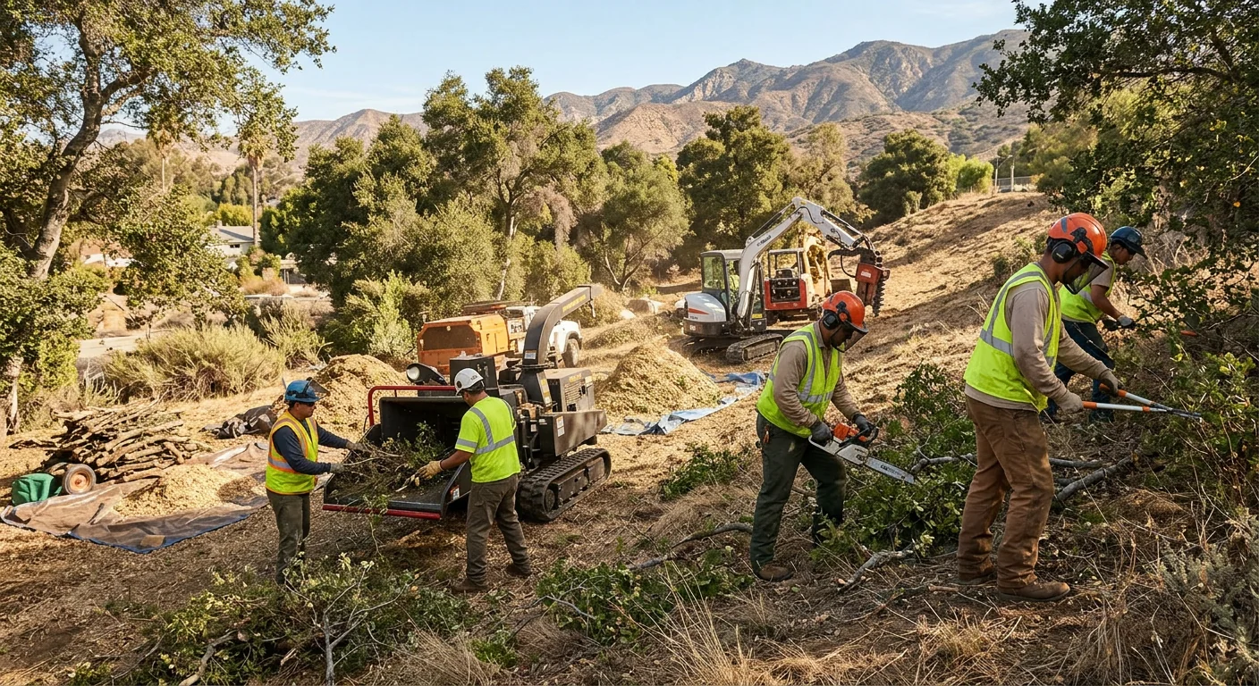 Wide shot of cleared hillside lot with reduced fire-fuel brush in Santa Paula