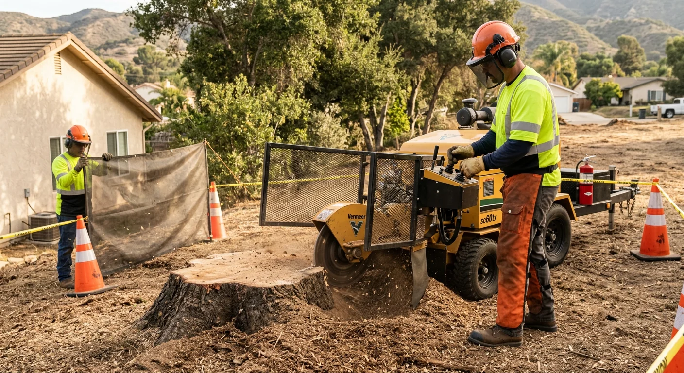 Close-up of stump grinding on a freshly cleared residential lot