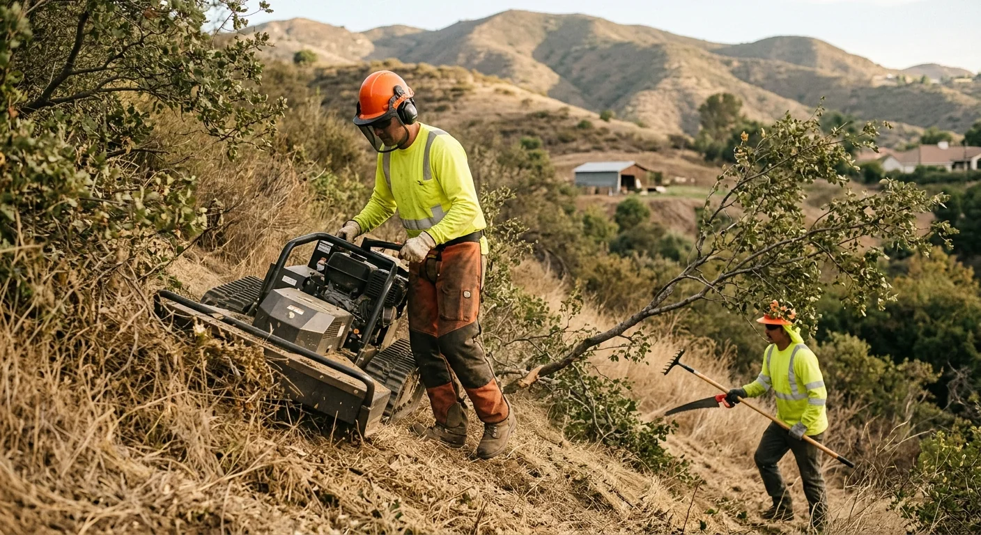 Crew operating brush removal equipment across a sloped Santa Paula parcel