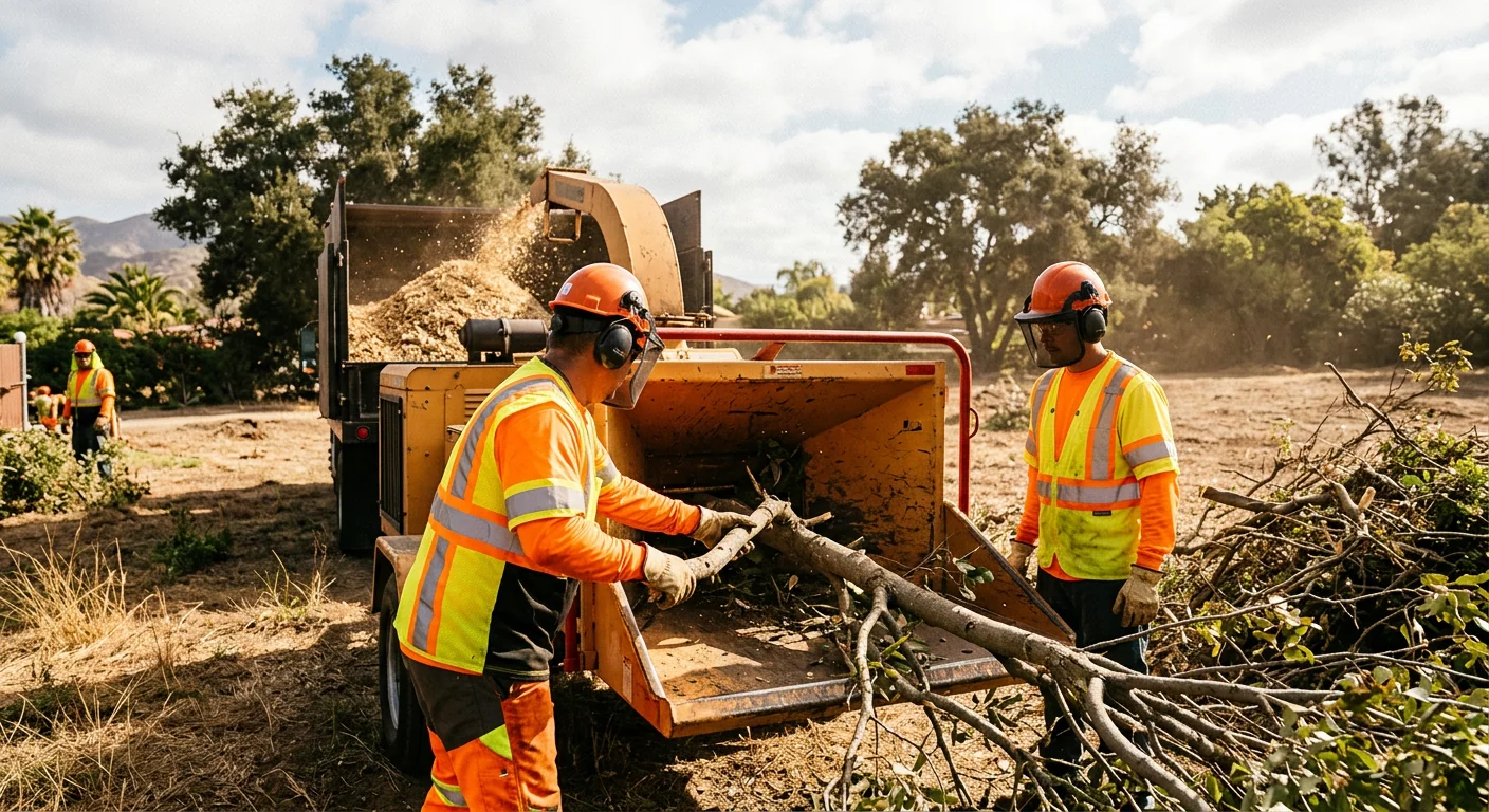 Chipping operation processing branches and debris on a cleared property