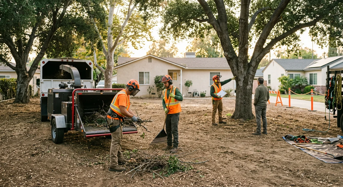 Backyard lot cleared of tangled undergrowth with retained shade trees standing