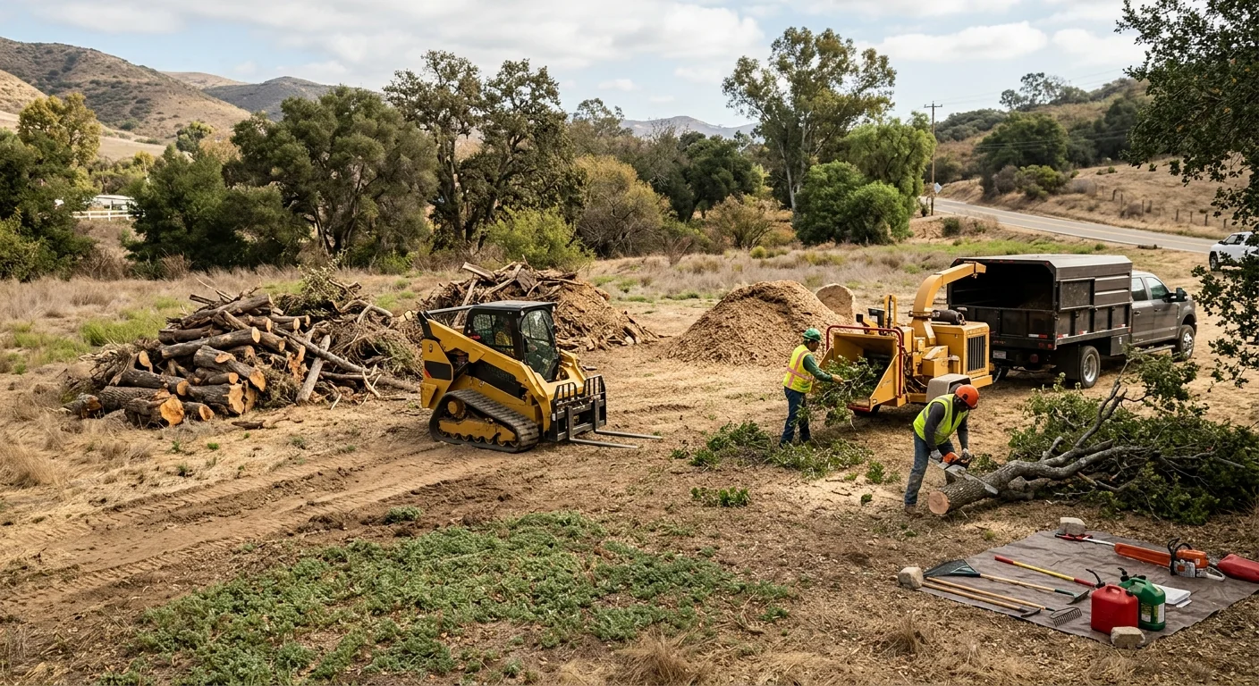 Acreage parcel mid-clearing with sorted debris piles and machine access route