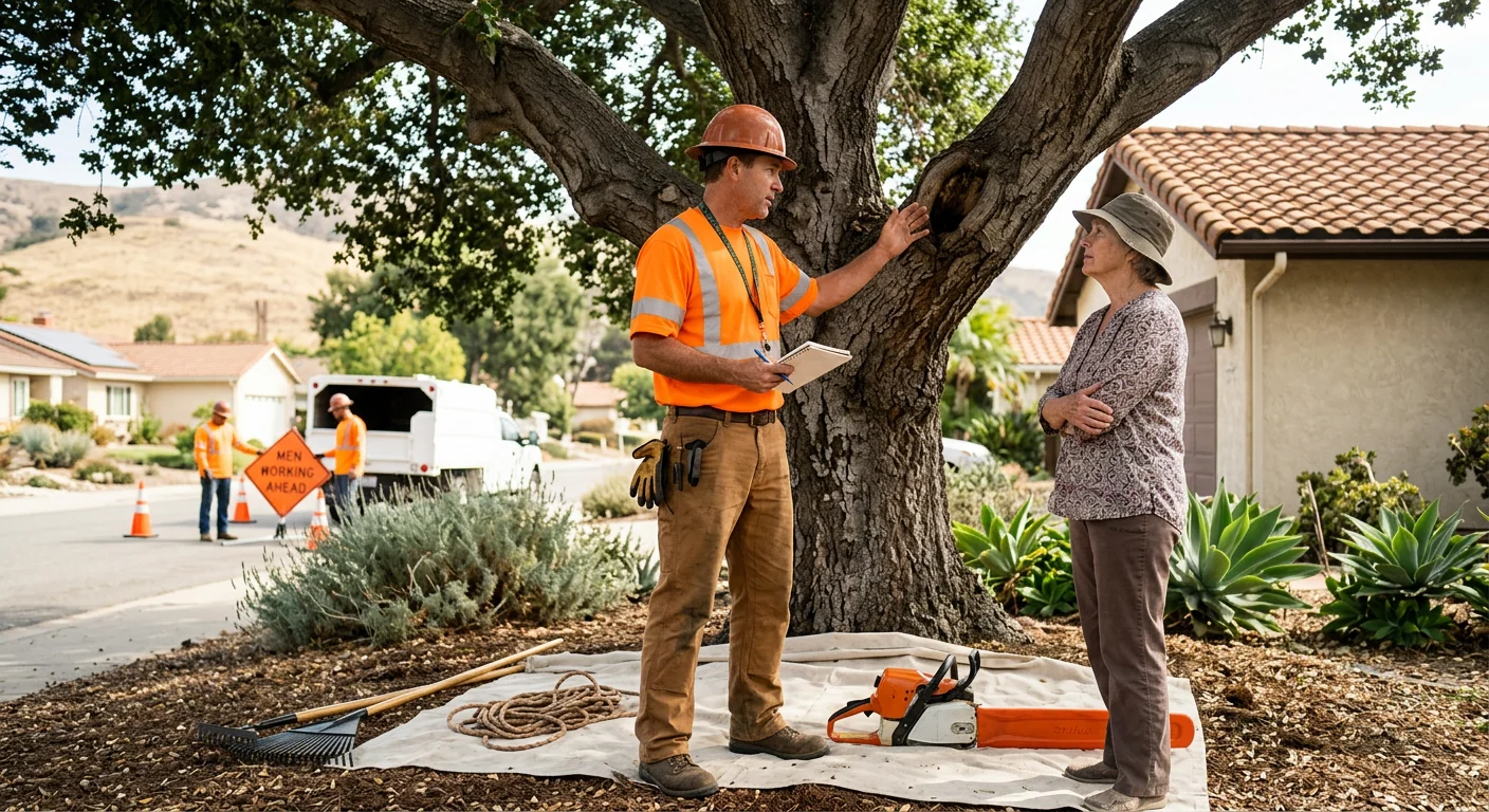 Arborist assessing storm-damaged tree near a Santa Paula home for cleanup pricing