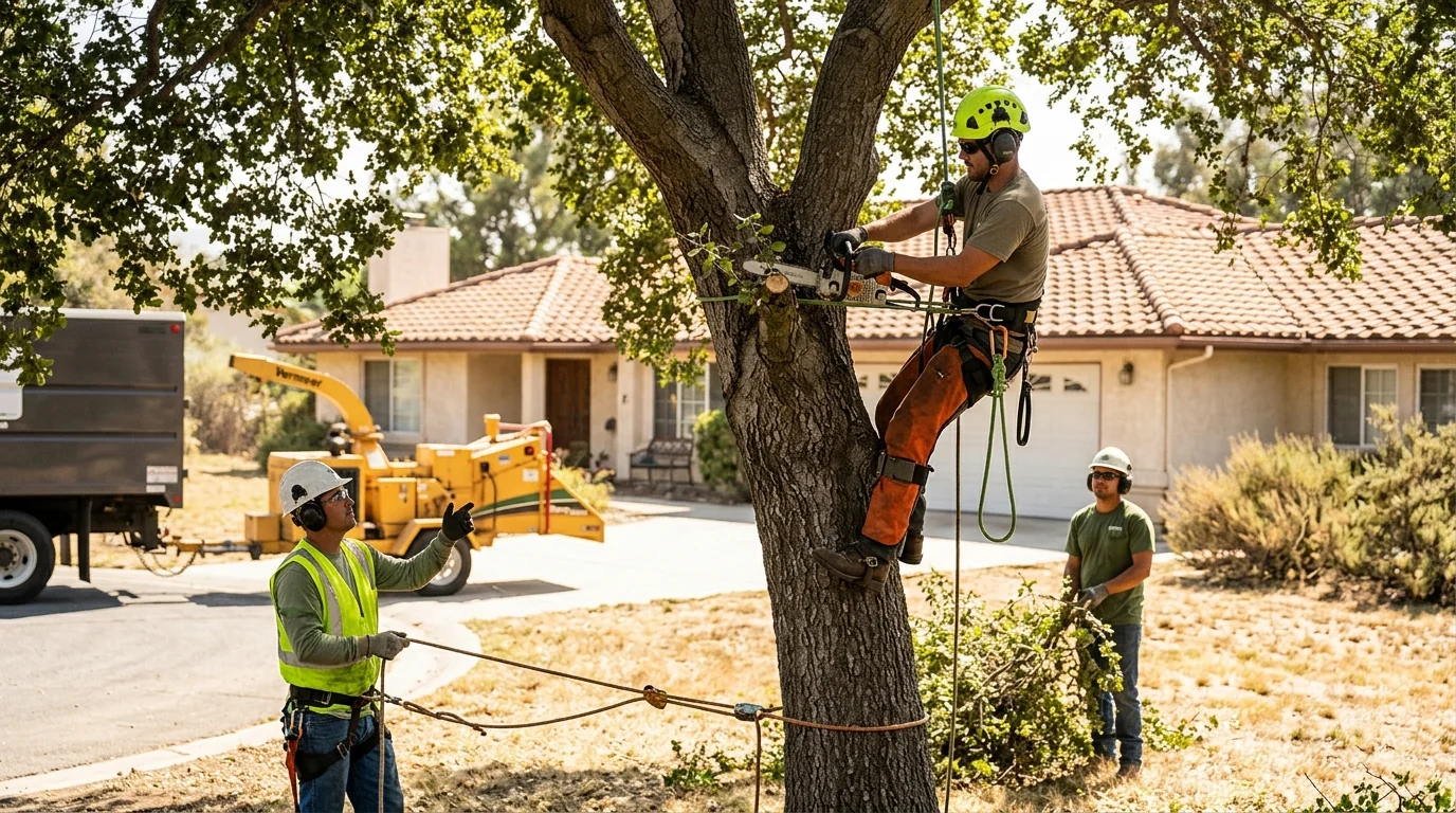 Trained technician inspecting a split trunk for hazards